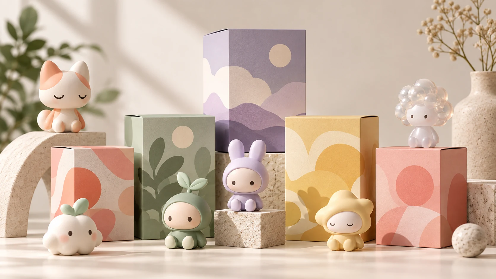 Pastel blind-box collectibles arranged in a studio still life